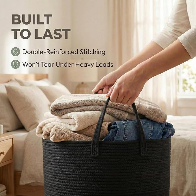 JMvicyroam 115L Extra Large Blanket Basket for Living Room - Woven Cotton Rope Laundry Hamper with Reinforced Handles - Storage Bin for Pillows, Comforters & Toys - Machine Washable,Black