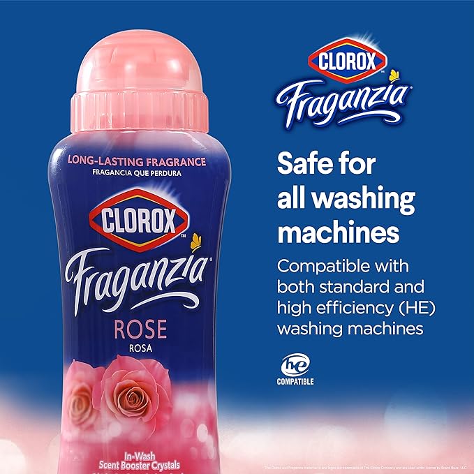 Clorox Fraganzia Laundry Scent Booster Crystals, In-Wash Fragrance Beads for Fresh-Smelling Clothes & Linens, Safe for All Fabrics & Colors, Easy-Pour Bottle, Rose Scent, 18 Oz, 2 Pack