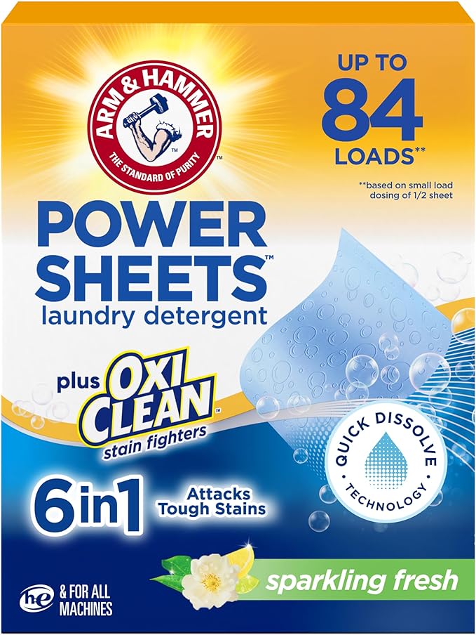 ARM & HAMMER Power Sheets Laundry Detergent Plus OxiClean Stain Fighters, 6in1, Sparkling Fresh Scent, 42 Count, 84 Medium Loads