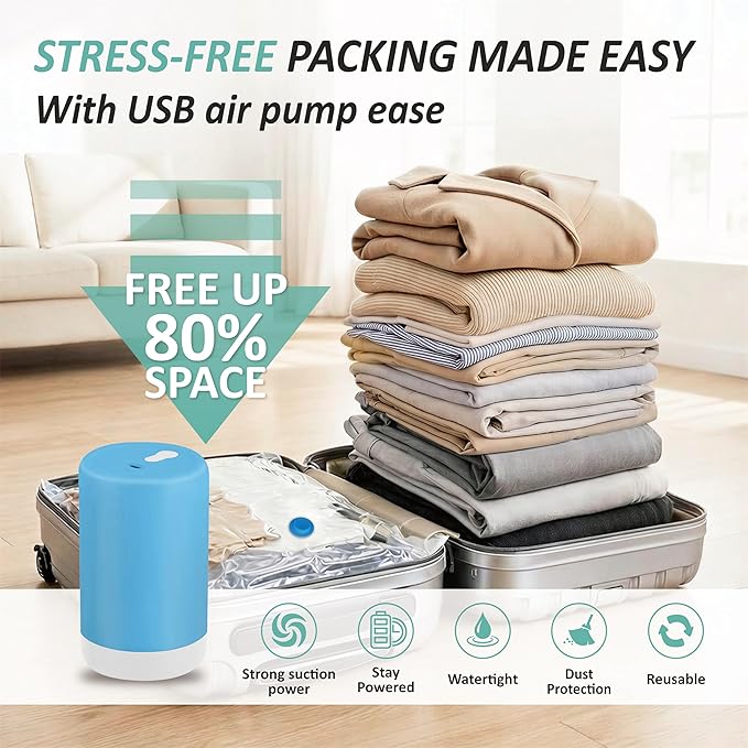 Cozy Essential Travel Vacuum Storage Bags with Rechargeable Cordless USB Pump, Space Saver Bags for Luggage, Suitcase, Carry-On, for Clothes, Blankets, Bedding & Seasonal Storage,8 Combo