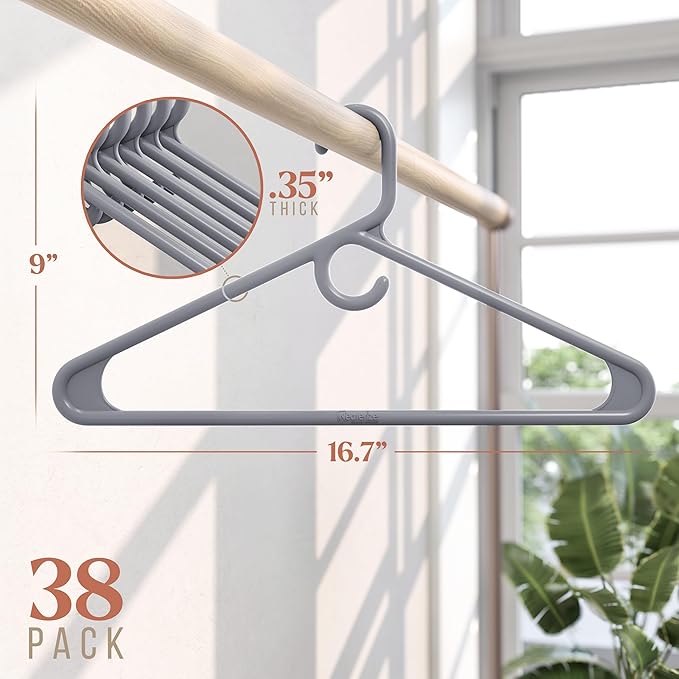 NEATERIZE Thick Heavy Duty Hangers - Grey Plastic Clothes Hangers 38 Pack - Great for Coat Hanger, Jackets Jeans & Suit Hanger for Closet - New Apartment Essentials Percheros Ganchos para Colgar Ropa