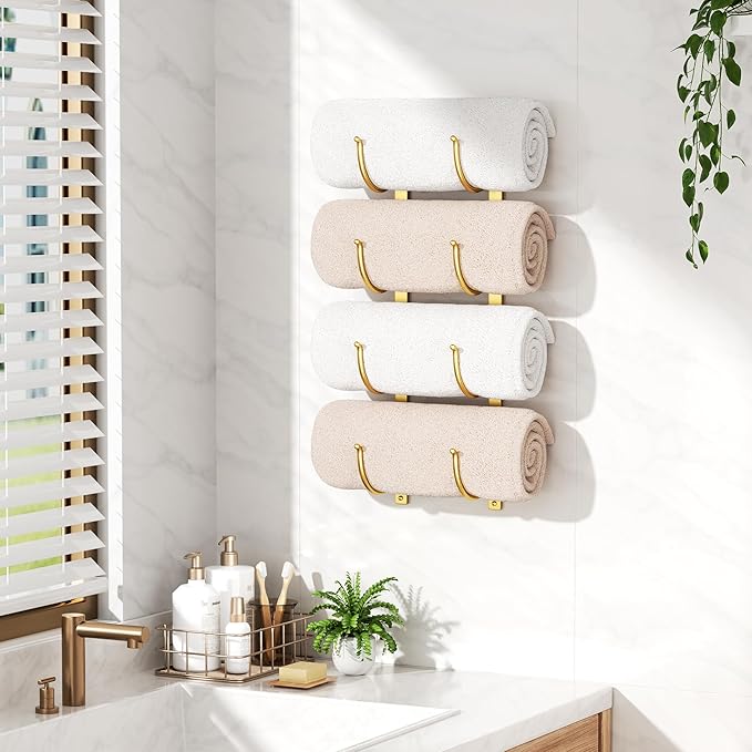Bathroom Rolled Towel Rack: 4-Tier Wall Mounted Towel Storage Holder, Hanging Organizer for Towels, Blankets, Large Bath Sheets, Space Saving in RV, Closet, Toilet, Cabinet, Gold