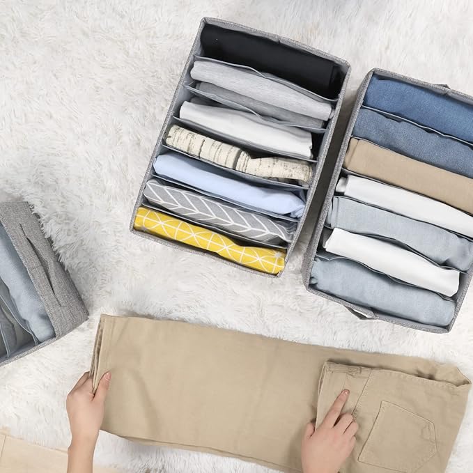 Fixwal 4pcs Wardrobe Clothes Organizer with Board Closet Organizers and Storage 7 Grids Divider Organizers Washable Compartment Storage Bins for Jeans T-shirt Pants Legging