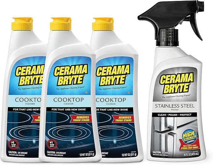 Cerama Bryte Stainless Steel Appliance Cleaner & Removes Tough Stains Cooktop and Stove Top Cleaner for Glass - Ceramic Surfaces, 16 & 18 Ounces, 3-18 Ounces + 1-16 Ounce