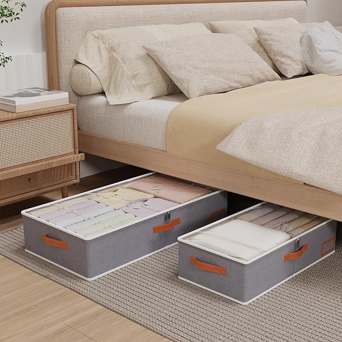 Yawinhe Pack of 2 Underbed Storage Bags, Foldable Clothes Storage with Clear Window, for Duvets, Clothes, 80 x 40 x 15 cm, Grey