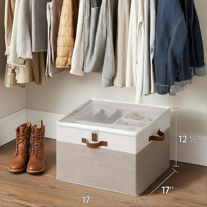 StorageWorks Shoe Organizer for Closet, Fits up to 16 Pairs, Shoe Cubby Storage Containers with Adjustable Dividers and Clear Cover, Brown & White