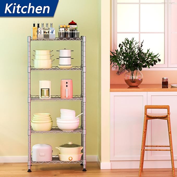 REGILLER 5-Wire Shelving Metal Storage Rack Adjustable Shelves,Standing Storage Shelf Units for Laundry Bathroom Kitchen Pantry Closet(Silver,11.8" D x 16.6" W x 53.5" H)