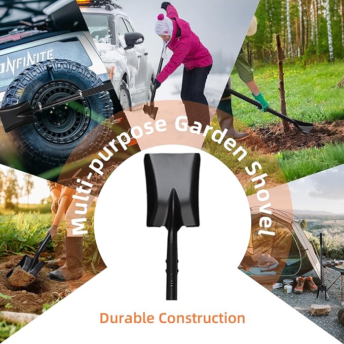Small Square Shovel for Digging with Metal Handle, 43.3 Inch Heavy Duty Small Shovel, Trench Shovels Ideal for Digging Gardening Trenching Camping Planting Transferring, Black