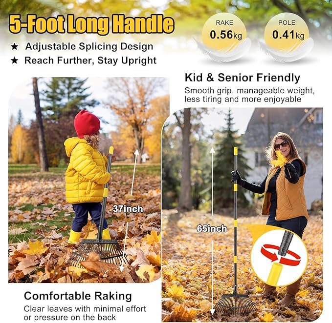 Garden Rake for Leaves: 18” Wide Metal Leaf Rake, 65” Long Adjustable Handle, Heavy Duty 25 Teeth, Fast Kids Women Large Lawn Yard Garden Leaf Cleanup Gardening Rakes: Grass,Debris,Pine Needles Pick