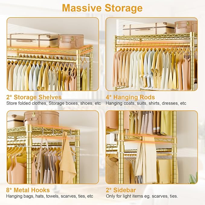 ULIFHOME P4 Plus Rolling Clothes Rack Heavy Duty, Clothing Racks for Hanging Clothes, Free Standing Garment Racks with Wheels, Portable Closet Rack 45'' W × 20.5'' D × 80.5'' H, Max Load 570 Lbs, Gold