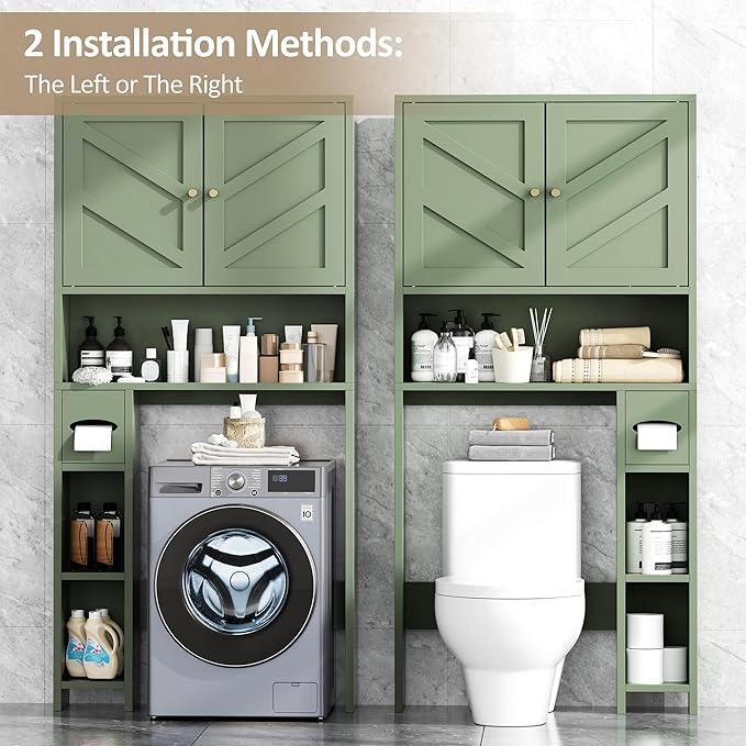 Meilocar 65.4" Over the Toilet Storage Cabinet, 29.1" Wide Bathroom Organizer with Toilet Paper Holder & Adjustable Shelf, Freestanding Space Saving Cabinet for Apartment, Laundry, Green