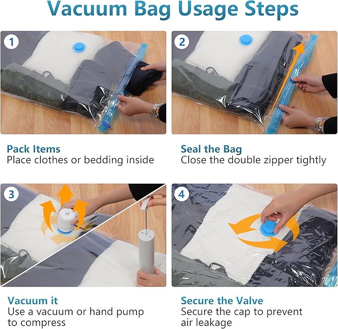 15 Pack Vacuum Storage Bags，Space Saver Bags(3 Jumbo/3 Large/3 Medium/3 Small/3 Roll),Compression for Comforters and Blankets, Sealer Clothes Storage, Hand Pump Included