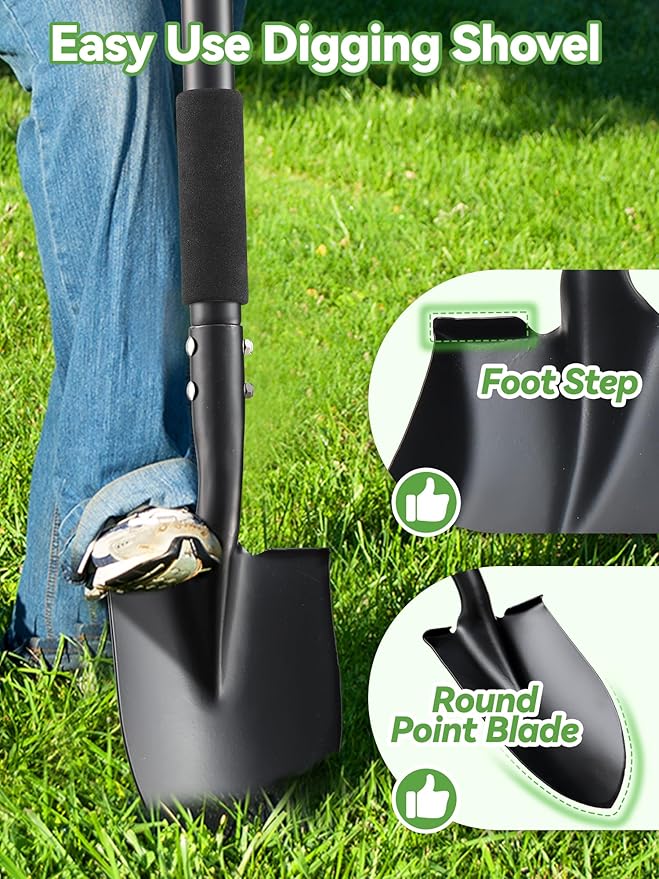 Shovel, Garden Shovels for Digging Gardening, Off Road Car Snow Removal, 31 inch Small Short Metal Shovel Heavy Duty with D-Handle, Sharp Round Point Blade, Comfort Grip, Kids Mini Camping Spade