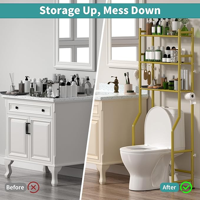3-Tier Over The Toilet Storage Organizer, Space-Saving Bathroom Rack with Paper Holder & 4 Hooks, 64" Tall Freestanding Carbon Steel Shelf for Small Apartment Laundry Room (Gold)