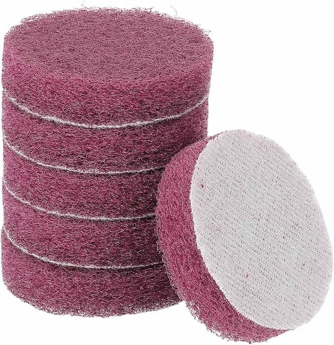 HARFINGTON 6pcs Scrubber Scouring Pads 500 Grits 2 Inch Drill Power Brush Hoop and Loop Surface Conditioning Disc Drill Scuffing Disc Scrub Pads for Home Kitchen Cleaning, Red