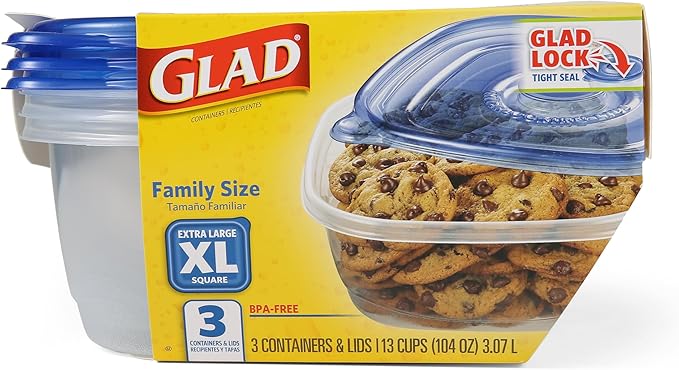 Glad GladWare XL Square Food Storage Containers with Lock Tight Lids, Family Size BPA Free Plastic Containers for Leftovers and Meal Prep, Reusable Dishwasher Safe, 104 Oz, 3 Count - 3 Pack