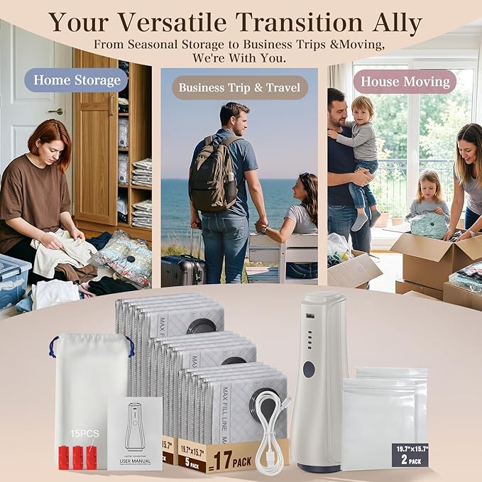 QcoQce Vacuum Storage Bags with Rechargeable Electric Pump, Space Saver Bags for Travel, Vacuum Seal Bags for Clothing, Bedding, Seasonal Storage, Compression Packing Bags for Suitcase