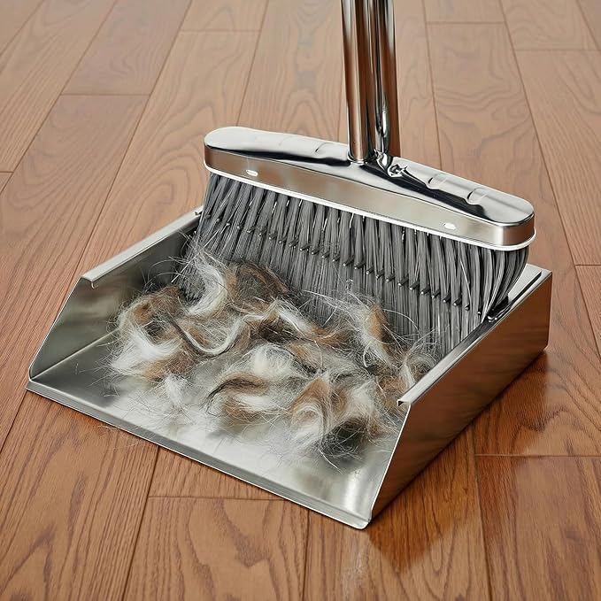 Heavy Duty 304 Stainless Steel Dustpan and Broom Set, Long Handle Self Standing Dust Pan with Wide Mouth Pet Hair Comb Teeth, Indoor Outdoor Cleaning Set for Kitchen Garage Office