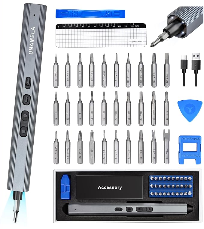 UnaMela Mini Electric Screwdriver Set Upgraded: Small Electric Precision Screwdriver Cordless - 3 Torque Settings, 30 S2 Bits, 4 LED Lights, Power Screwdriver Repair Tool Kit for PC RC Electronics