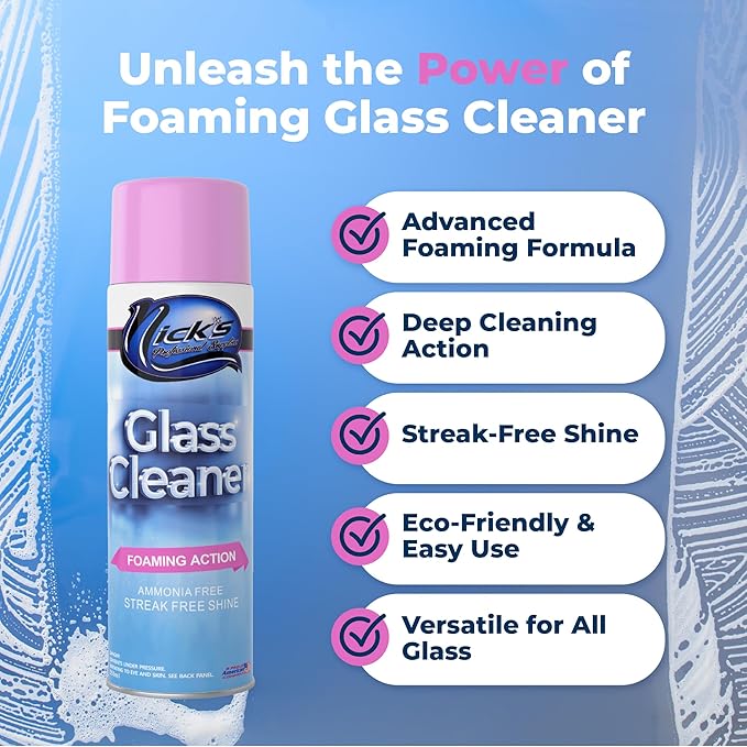 Nick's Glass Cleaner - 550ml Multipurpose Foam Spray for Streakless Shine on Auto, Home & Boat Windows | Deep-Cleaning, Tint-Safe, Ammonia-Free Formula for Windshields & More (1)