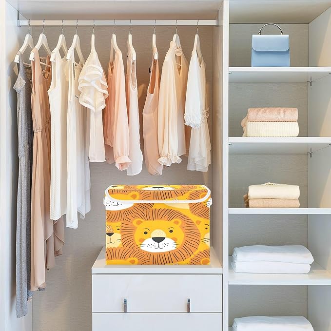 senya Large Storage Bins with Linen Collapsible Foldable Storage Cubes Fabric Closet Organizer Containers box with Flip-Top Lid for Home Bedroom Office 16.7 x 12.6 x 11.8in (Tiger Face)