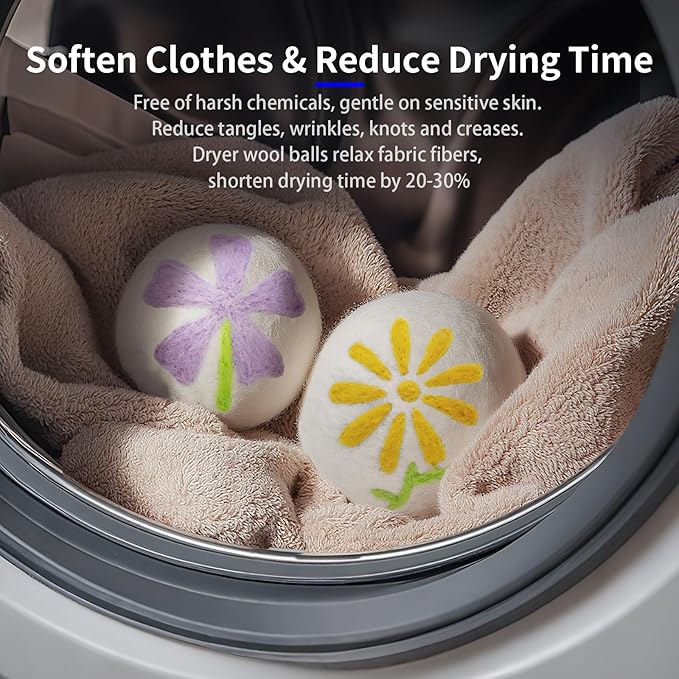 Wool Dryer Balls 6-Pack XL - Unique Petal Embroidery, Natural Reusable Laundry Fabric Softener, Reduces Wrinkles & Drying Time, Hypoallergenic & Leaves Fabrics Naturally Soft and Fluffy