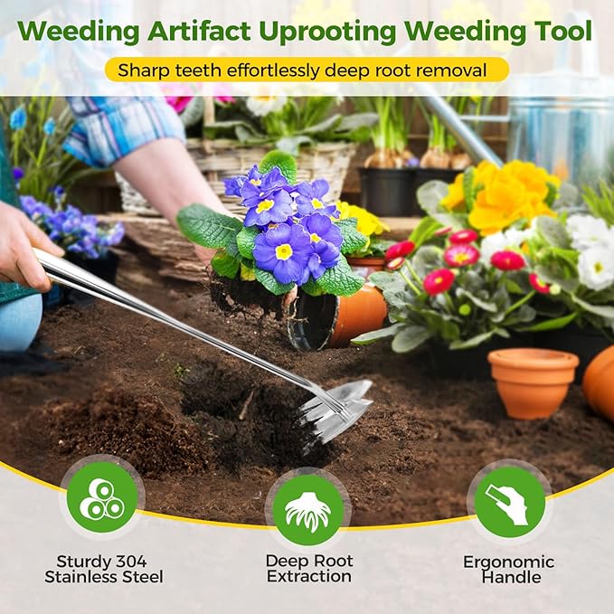 Gardening Hand Weeder Tools, 2025 New Weeding Artifact Uprooting Weeding Tool, 4-Teeth Garden Weed Puller Tool Stainless Steel Manual Weeders for Digging, Weed Removal