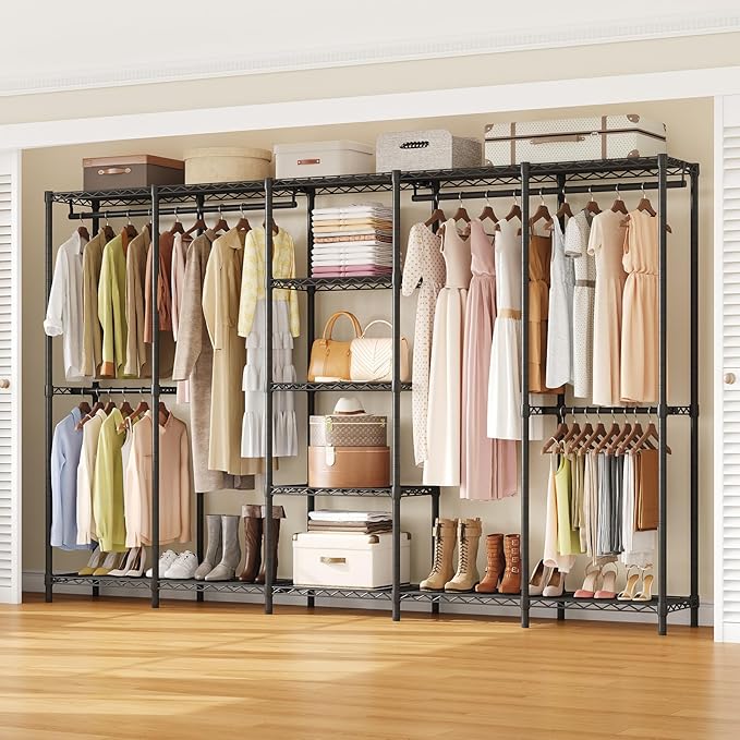 ONBRILL F5 Extra Large Industrial Pipe Clothing Rack, Freestanding Portable Closet Organizer System with Shelves & Hanging Rods, 88.6'' Wide Heavt Duty Clothes Rack, Max Load 1300lbs, Black