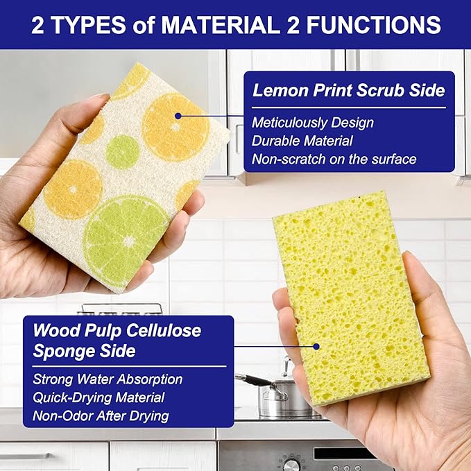 CELOX Lemon Printed Dual Sided Scrub Dish Sponges, Non Scratch Sponge for Kitchen Cleaning, 4.5" x 2.8" x 0.8" (6)