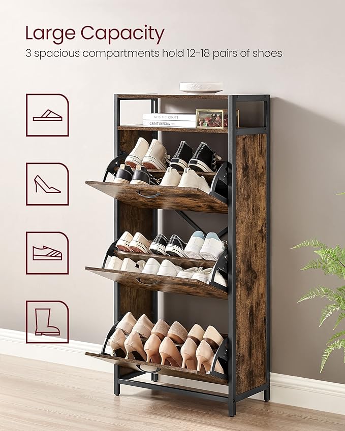 VASAGLE Shoe Cabinet with 3 Flip Drawers, Shoe Storage Cabinet, Asjustable and Removable Dividers, Holds 15-18 Pairs of Shoes, 11.8 x 23.6 x 51.2 Inches, Rustic Brown and Black ULBS101B01