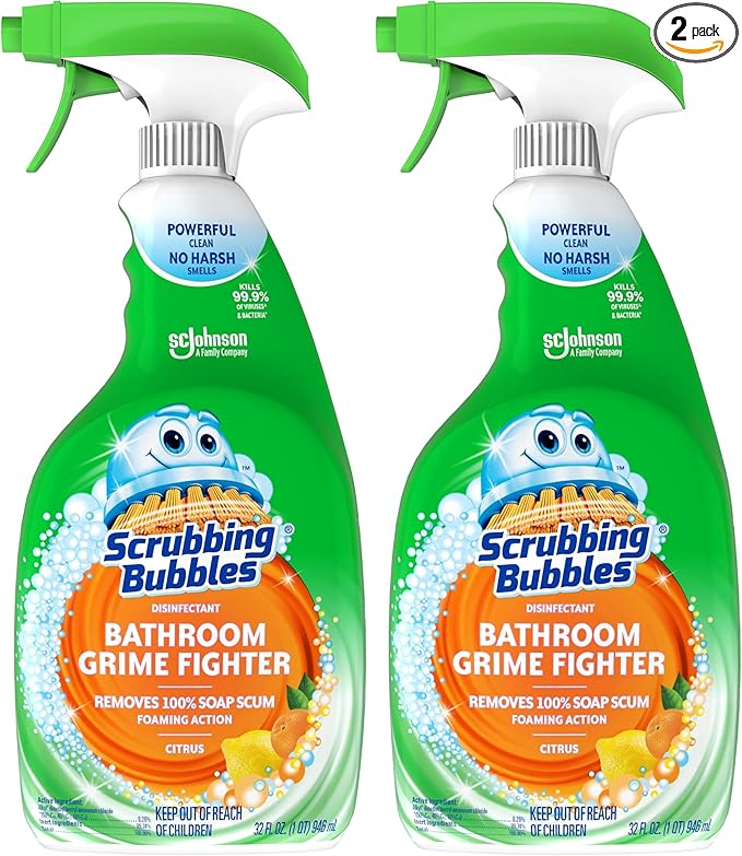 Scrubbing Bubbles Bathroom and Shower Cleaner Disinfectant Spray, Bathroom Grime Fighter, Citrus Scent, 32oz (Pack of 2)