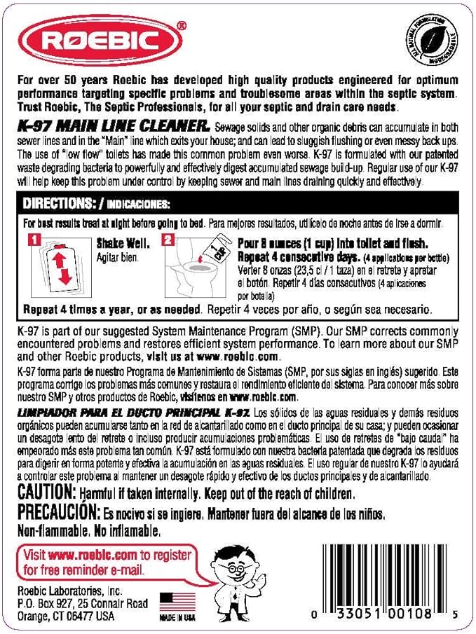 Zep Drain Defense Pipe Build-Up Remover - 64 Ounces - ZLDC648 - Professional Strength Liquid Pipe Build Up Remover,GREEN & Roebic K-97 Main Line Cleaner, Exclusive Bacteria Digests Paper, Fats