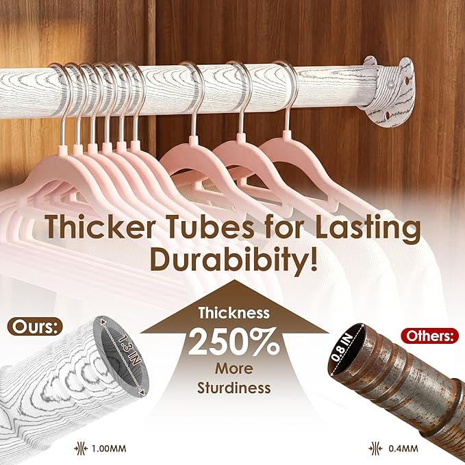 Closet Rod 17-63 Inches，1.3 Inch Diameter Heavy-Duty Adjustable Closet Rods for Hanging Clothes Closet Hanging Rod Metal Closet Poles for Wardrobes Laundry RV Bathroom（White Wood Grain Finish）