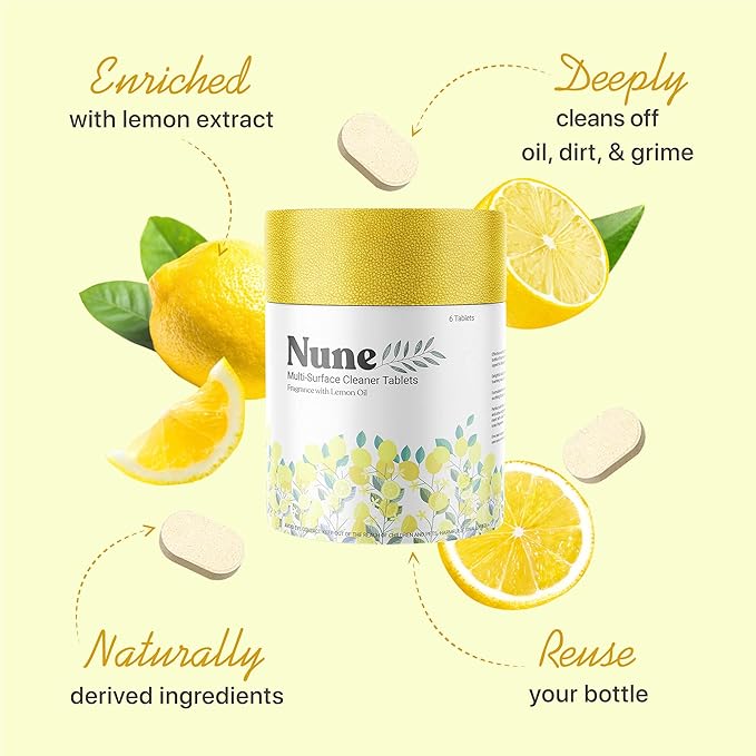 Nune Multi-Purpose Cleaner Refills - All Purpose Cleaning Tablets 6 Pack - 144 fl oz total (24 fl oz each) - Shower, Counter, Floor, Furniture, Bathroom - Non-Toxic and Effective - Lemon Fragrance