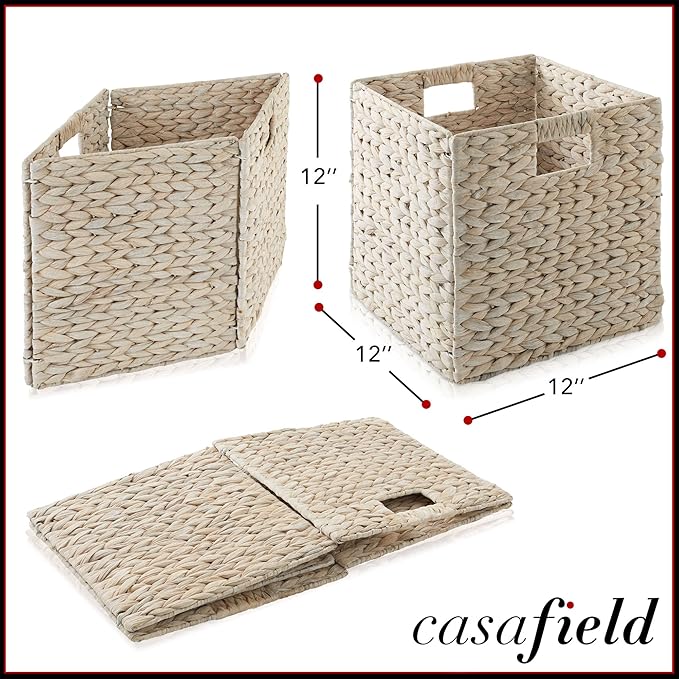 Casafield 12" x 12" Hyacinth Storage Baskets, Whitewash - Set of 2 Storage Organizers, Woven Wicker Cubes for Bathroom, Bedroom, Laundry, Shelves