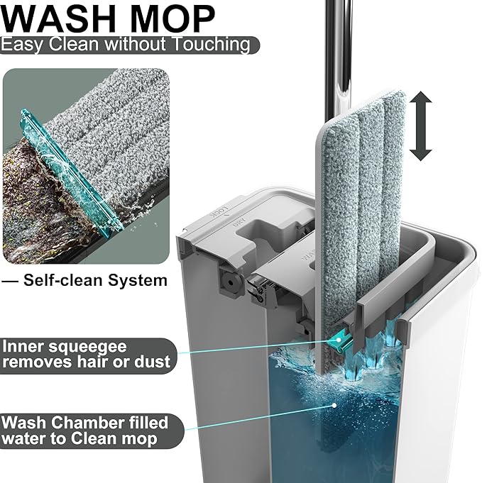 Mop and Bucket with Wringer Set, Flat Floor Mop and Bucket, with 2 Mops and 4 Microfiber Cleaning Cloths for Floor Cleaning, Wet and Dry Use