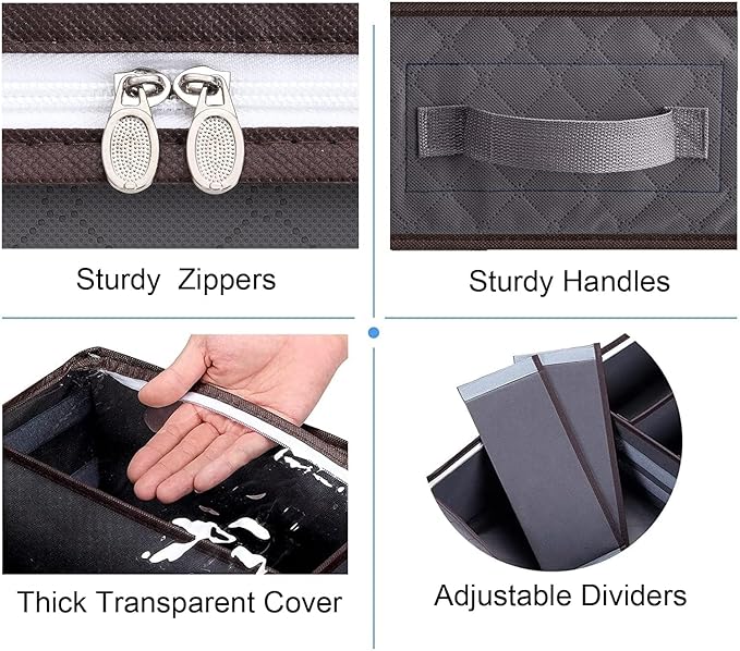 Under Bed Shoe Storage Organizer, Set of 2, Sturdy Structure, Adjustable Dividers, Reinforced Handle, Sturdy Zipper, Underbed Storage Solution with Clear Window, Breathable, Gray