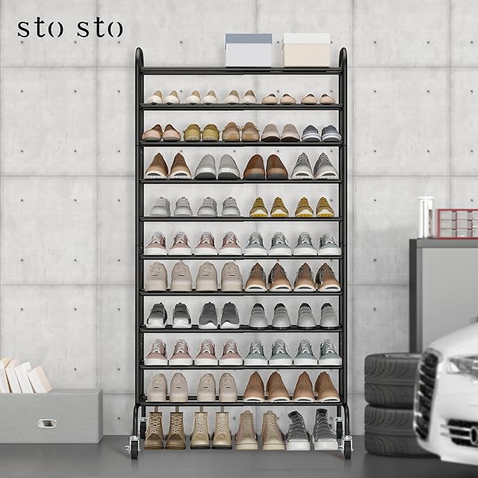 STO STO Expandable Shoe Rack, 10-Tier Metal Tall Shoe Rack for Garage, Up to 44 Pairs Adjustable Shoe Rack Storage for Front Door Entrance, Free Standing Shoe Rack Organizer for Entryway, Black