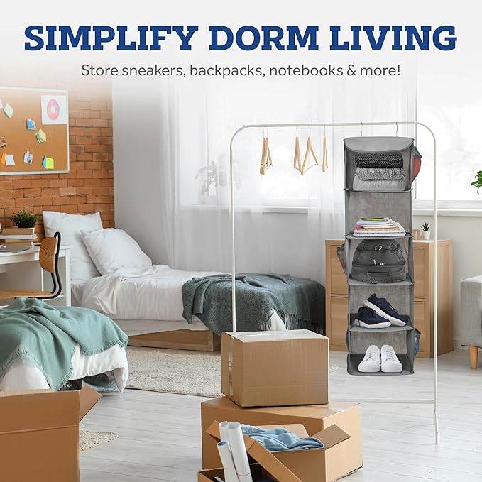 ZOBER Hanging Closet Organizer, 5-Shelf - Hanging Storage Organizer Shelves for Clothes, Towels, Toys - College Dorm Room, Nursery, & Home Closet (Pack of 2)