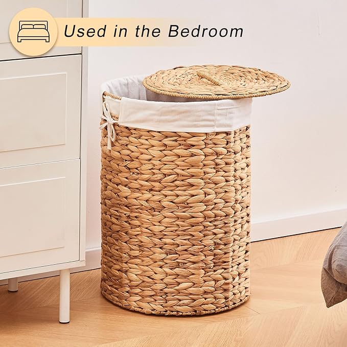 Round Water Hyacinth Laundry Hamper with Lid Handwoven Wicker Basket with Handles for Dirty Clothes, Storage, and Organization Ideal for Bedroom, Bathroom, and Laundry Room, No Assembly Required, 60L