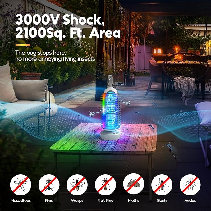 Bug Zapper with Marquee Light, Mosquito Zapper Indoor Outdoor, 4000mAh, Smart Auto On/Off Rechargeable Fly Zapper, Cordless Portable Waterproof Insect Killer for Home, Kitchen, Patio, Camping, Party
