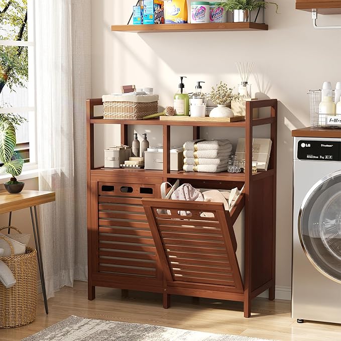 Homykic Tilt Out Laundry Hamper Cabinet, Bamboo Double Laundry Hamper with 2 Removable Laundry Baskets, 20 Gal Laundry Sorter Organizer with Shelf for Dirty Clothes, Bathroom, Laundry Room, Walnut