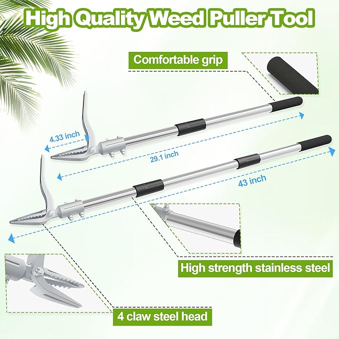 Weed Puller Tool with Gloves, Manual Stand Up Weeding Picker Tool, Heavy Duty Weeder Remover Tool with 4 Claw Steel Head for Garden, Yard, Lawns, Sidewalk, Grass