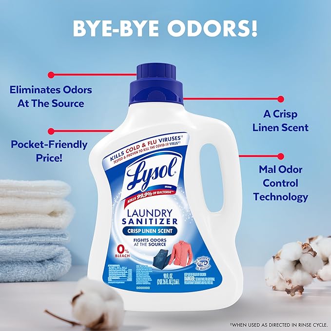 Lysol Laundry Sanitizer Additive, Bacteria-Causing Laundry Odor Eliminator, Detergent Additive, Crisp Linen, 90oz