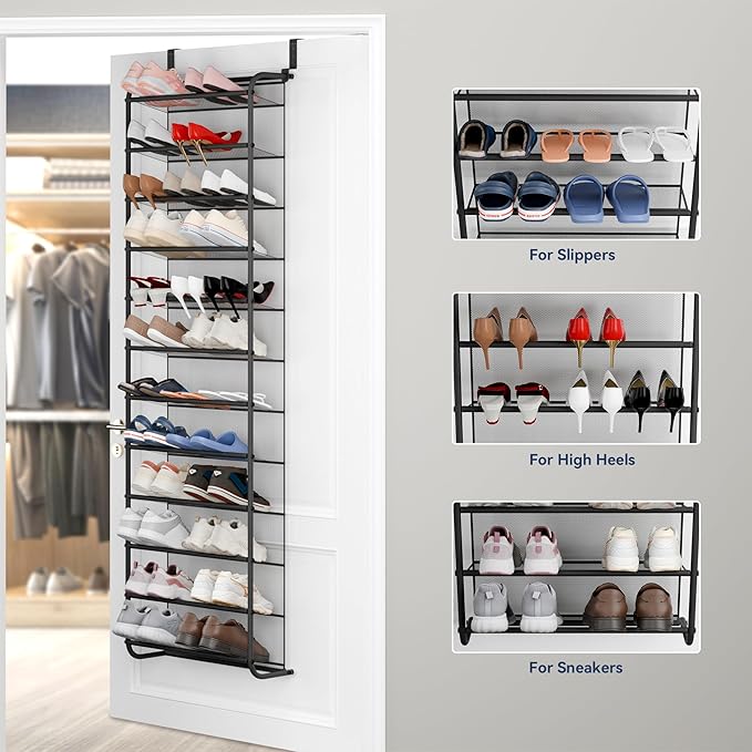Whitmor 36 Pair Over The Door Shoe Organizer, 12 Tier Hanging Shoe Organizer, Heavy Duty Metal & Mesh Shoe Holder, Hanging Shoe Rack for Closet Organizer, 69"L x 21.7"W x 7.5"H, Matt Gunmetal