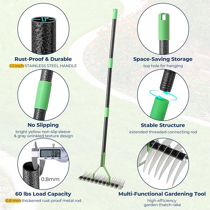 Garden Rake 51" – Dual-Sided Shrub Rake with 13" Sharp Metal Tines, Lightweight Multi-Purpose Yard Tool, Reversible Head for Lawn, Soil, Shrub, Mulch & Leaf Cleanup