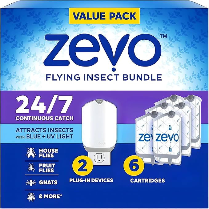 Zevo Plug-in Fly Trap Set – 2 Devices with 6 Replacement Cartridges – Safe, Odorless Indoor Insect Protection