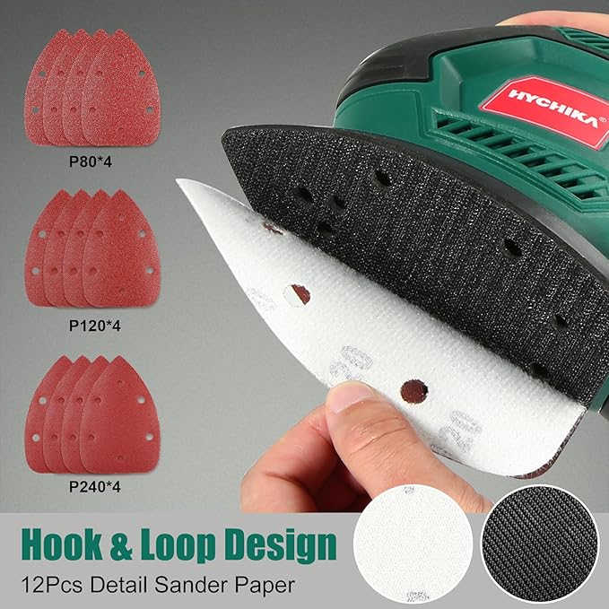 HYCHIKA Detail Sander, 14,000 OPM Compact Electric Sander Tool with 12 Pcs Sandpapers,Efficiency Dust Collection System,Suitable for Tight Spaces Sanding,Polishing,Removing Paint in Home Decoration