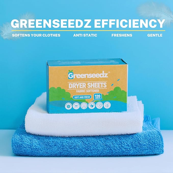 Greenseedz Dryer Sheets, 120 Count, Softens, Reduces Static & Freshens Laundry, Plastic-Free, Works with All Fabrics