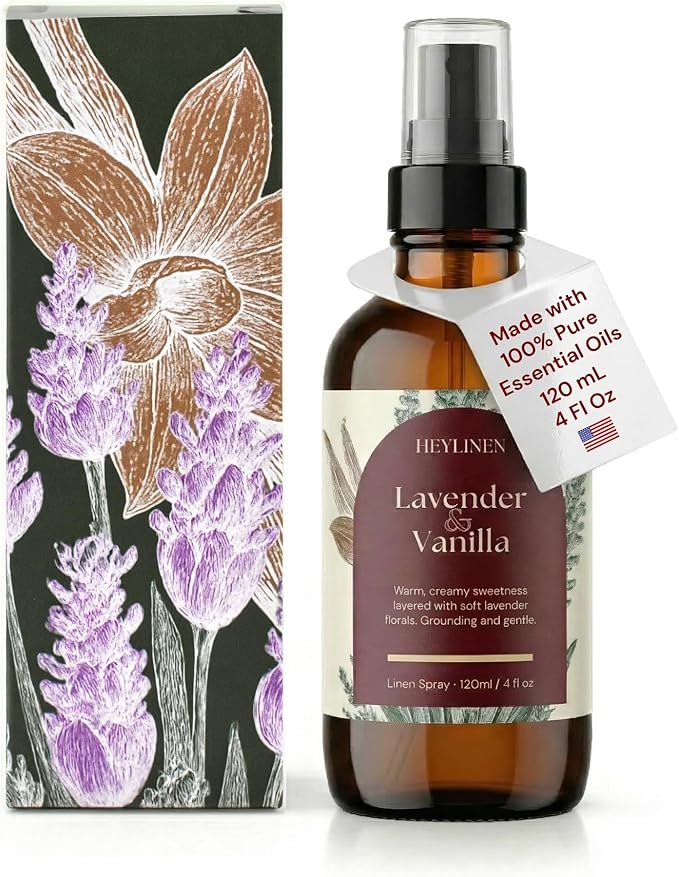 Lavender & Vanilla Linen Spray | Relaxing Aromatherapy Made with Pure Essential Oils | Fabric Freshener for Yoga Mats Living Room Couch Beddings | 4 fl oz